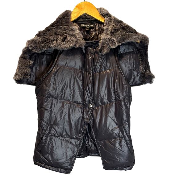 Elizabeth and James Gray Down Filled Vest with Rabbit Hair Hood - size Medium - Picture 1 of 8